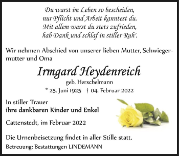 Traueranzeige von Irmgard Heydenreich (geb. Herschelmann)  von Magdeburger Volksstimme