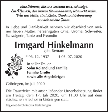 Traueranzeige von Irmgard Hinkelmann (geb. Bertram)  von Magdeburger Volksstimme