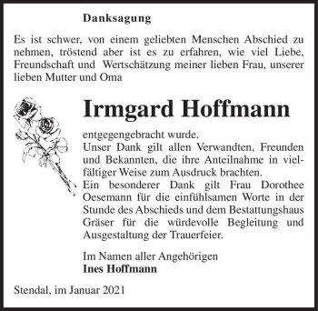 Traueranzeige von Irmgard Hoffmann  von Magdeburger Volksstimme