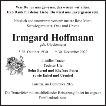 Traueranzeige von Irmgard Hoffmann (geb. Glockenmeier)  von Magdeburger Volksstimme