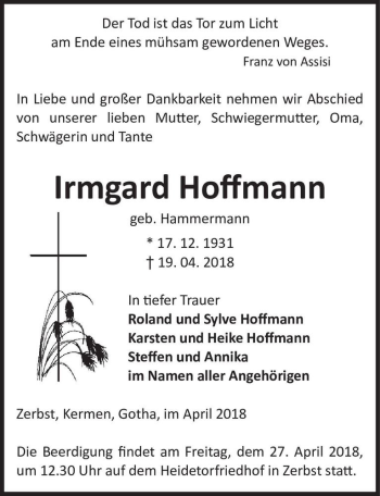 Traueranzeige von Irmgard Hoffmann (geb. Hammermann)  von Magdeburger Volksstimme