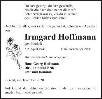 Traueranzeige von Irmgard Hoffmann (geb. Krolzik)  von Magdeburger Volksstimme
