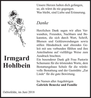 Traueranzeige von Irmgard Hohlbein  von Magdeburger Volksstimme