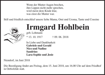 Traueranzeige von Irmgard Hohlbein (geb. Lohmann)  von Magdeburger Volksstimme