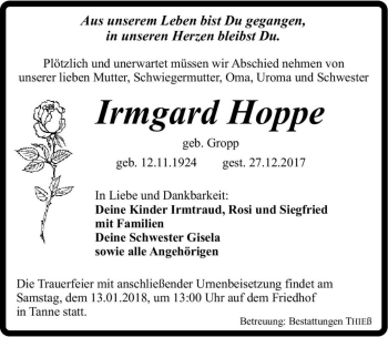 Traueranzeige von Irmgard Hoppe (geb. Gropp)  von Magdeburger Volksstimme