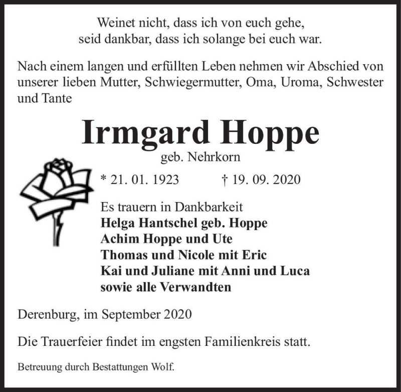  Traueranzeige für Irmgard Hoppe (geb. Nehrkorn)  vom 26.09.2020 aus Magdeburger Volksstimme