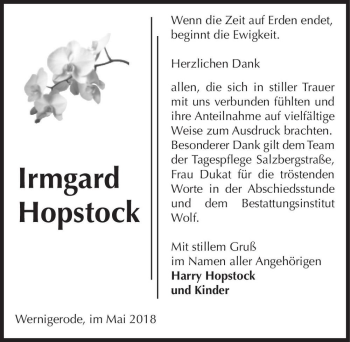 Traueranzeige von Irmgard Hopstock  von Magdeburger Volksstimme
