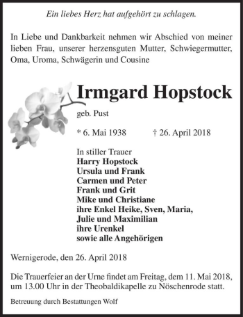 Traueranzeige von Irmgard Hopstock (geb. Pust)  von Magdeburger Volksstimme