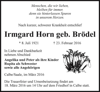 Traueranzeige von Irmgard Horn (geb. Brödel)  von Magdeburger Volksstimme