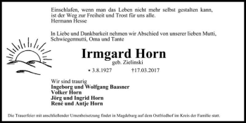 Traueranzeige von Irmgard Horn (geb. Zielinski)  von Magdeburger Volksstimme