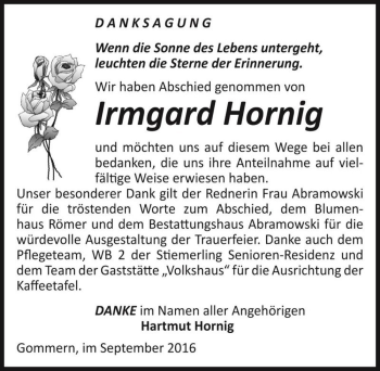 Traueranzeige von Irmgard Hornig  von Magdeburger Volksstimme
