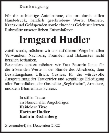 Traueranzeige von Irmgard Hudler  von Magdeburger Volksstimme