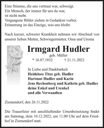 Traueranzeige von Irmgard Hudler (geb. Müller)  von Magdeburger Volksstimme