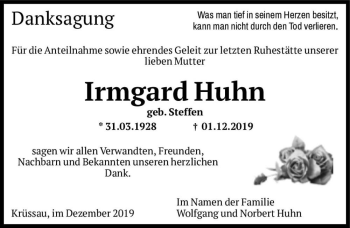 Traueranzeige von Irmgard Huhn (geb. Steffen)  von Magdeburger Volksstimme