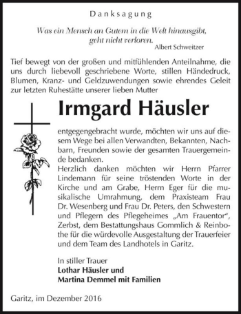 Traueranzeige von Irmgard Häusler  von Magdeburger Volksstimme