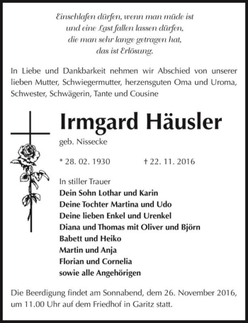 Traueranzeige von Irmgard Häusler (geb. Nissecke)  von Magdeburger Volksstimme