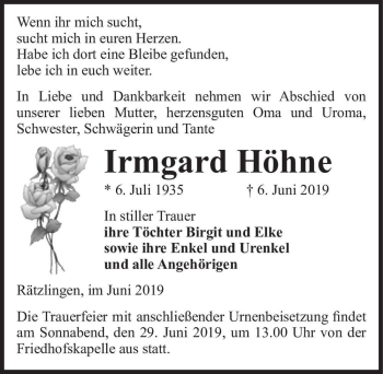 Traueranzeige von Irmgard Höhne  von Magdeburger Volksstimme