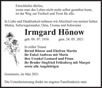 Traueranzeige von Irmgard Hönow  von Magdeburger Volksstimme