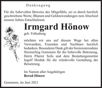 Traueranzeige von Irmgard Hönow (geb. Fellenberg)  von Magdeburger Volksstimme