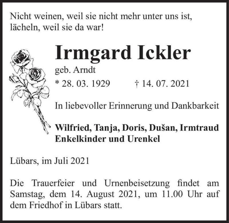  Traueranzeige für Irmgard Ickler (geb. Arndt)  vom 31.07.2021 aus Magdeburger Volksstimme