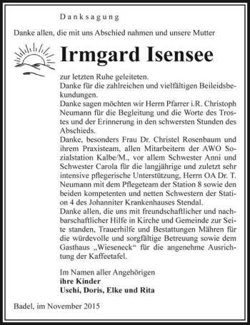 Traueranzeige von Irmgard Isensee  von Magdeburger Volksstimme