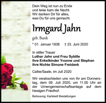 Traueranzeige von Irmgard Jahn (geb. Bunk)  von Magdeburger Volksstimme