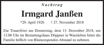 Traueranzeige von Irmgard Janßen  von Magdeburger Volksstimme
