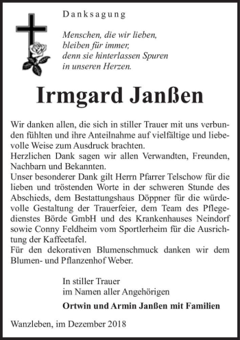 Traueranzeige von Irmgard Janßen  von Magdeburger Volksstimme