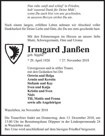 Traueranzeige von Irmgard Janßen (geb. Sipplie)  von Magdeburger Volksstimme