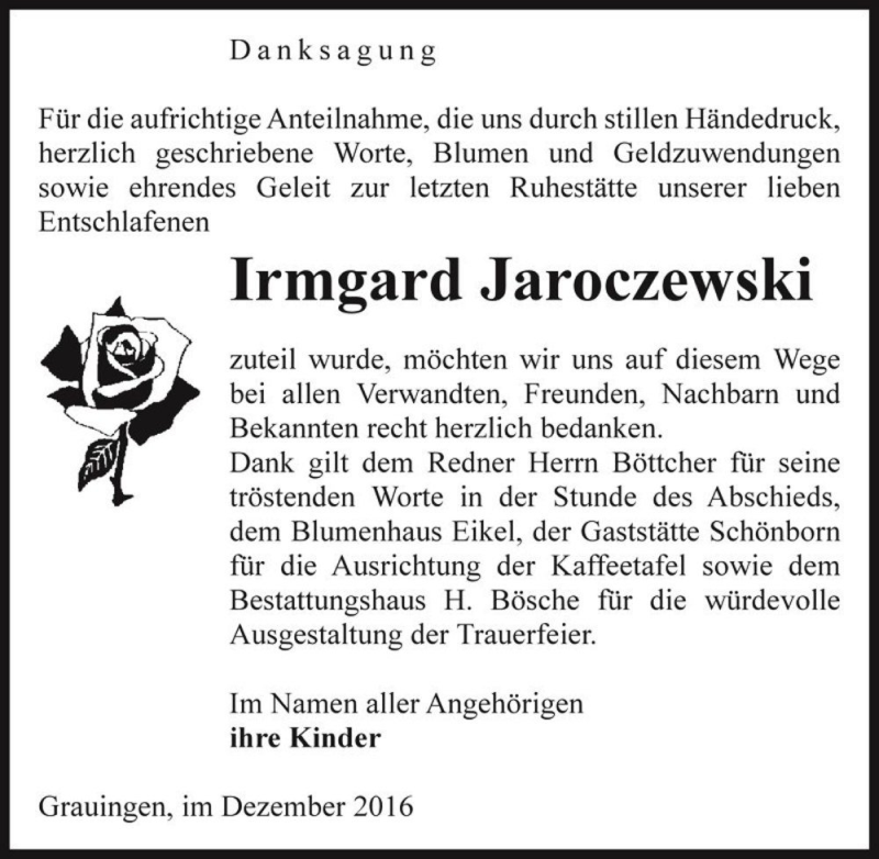 Traueranzeige für Irmgard Jaroczewski  vom 05.01.2017 aus Magdeburger Volksstimme