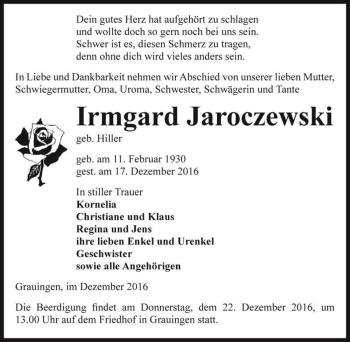 Traueranzeige von Irmgard Jaroczewski (geb. Hiller)  von Magdeburger Volksstimme