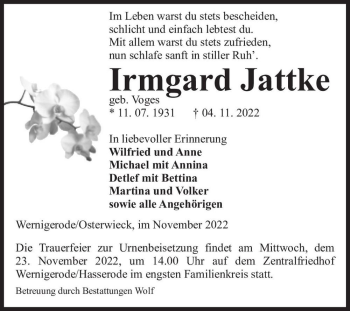 Traueranzeige von Irmgard Jattke (geb. Voges)  von Magdeburger Volksstimme