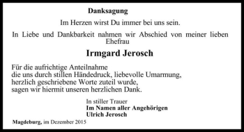 Traueranzeige von Irmgard Jerosch  von Magdeburger Volksstimme