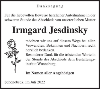 Traueranzeige von Irmgard Jesdinsky  von Magdeburger Volksstimme