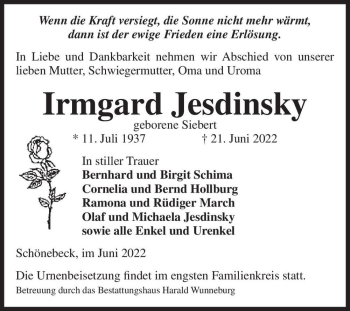 Traueranzeige von Irmgard Jesdinsky (geb. Siebert)  von Magdeburger Volksstimme