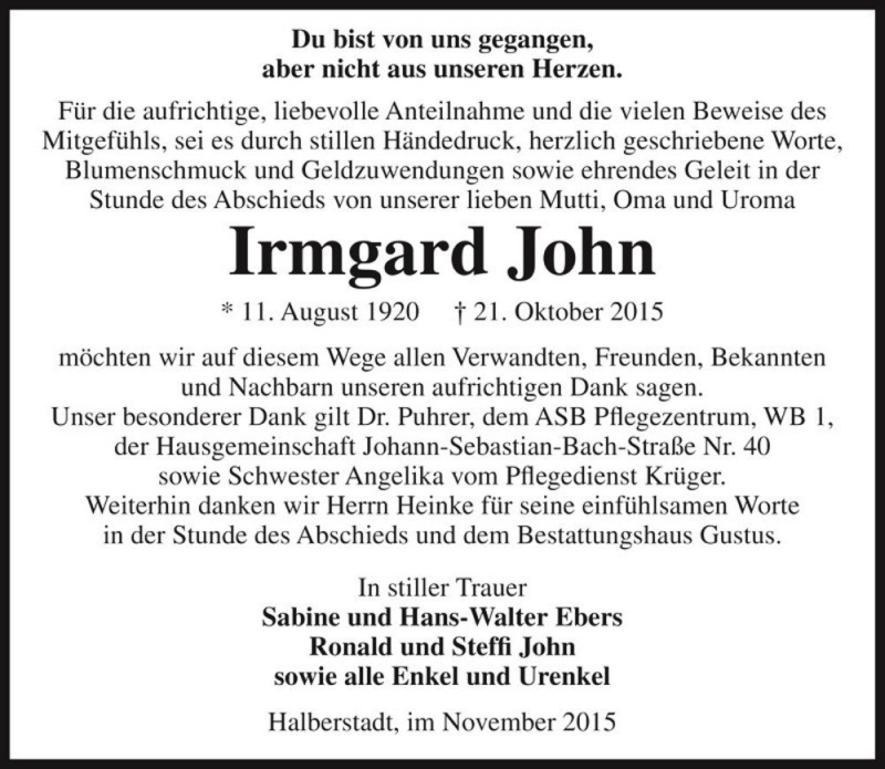  Traueranzeige für Irmgard John  vom 06.11.2015 aus Magdeburger Volksstimme