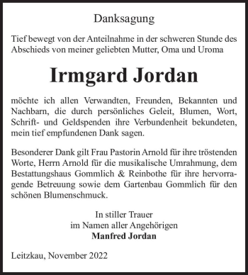Traueranzeige von Irmgard Jordan  von Magdeburger Volksstimme