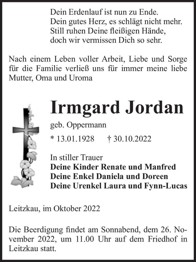  Traueranzeige für Irmgard Jordan (geb. Oppermann)  vom 05.11.2022 aus Magdeburger Volksstimme