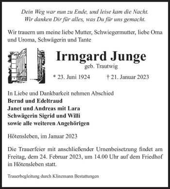 Traueranzeige von Irmgard Junge (geb. Trautwig)  von Magdeburger Volksstimme