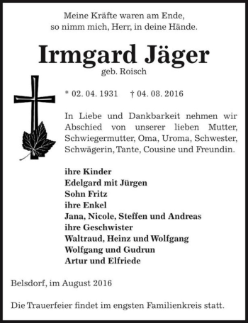 Traueranzeige von Irmgard Jäger (geb. Roisch)  von Magdeburger Volksstimme