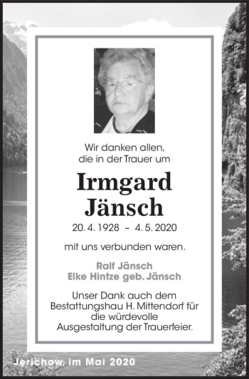 Traueranzeige von Irmgard Jänsch  von Magdeburger Volksstimme