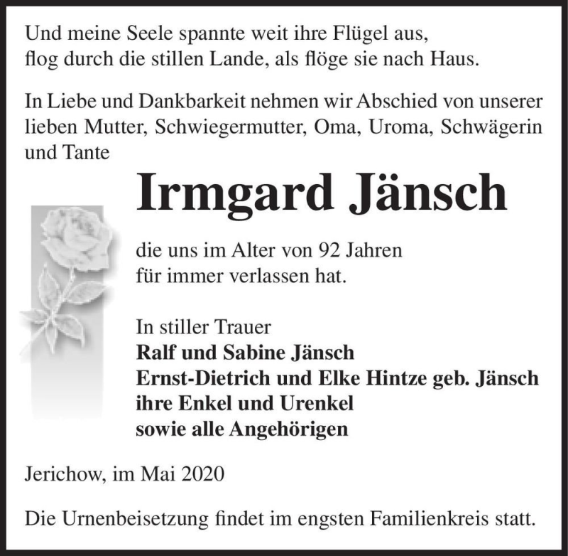  Traueranzeige für Irmgard Jänsch  vom 09.05.2020 aus Magdeburger Volksstimme