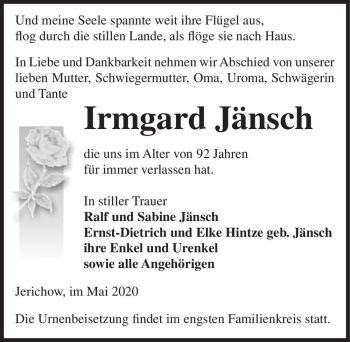 Traueranzeige von Irmgard Jänsch  von Magdeburger Volksstimme