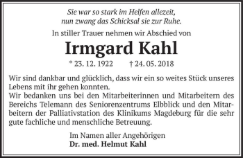 Traueranzeige von Irmgard Kahl  von Magdeburger Volksstimme