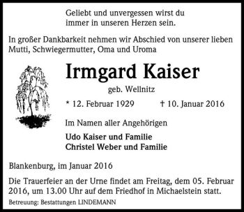 Traueranzeige von Irmgard Kaiser (geb. Wellnitz)  von Magdeburger Volksstimme