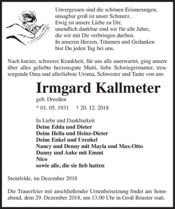 Traueranzeige von Irmgard Kallmeter (geb. Dreeßen)  von Magdeburger Volksstimme