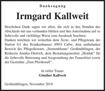 Traueranzeige von Irmgard Kallweit  von Magdeburger Volksstimme