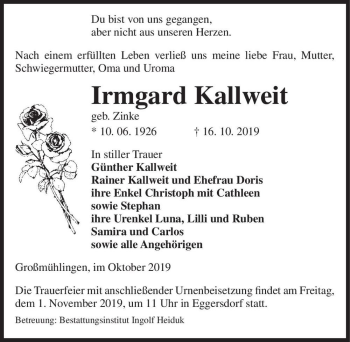 Traueranzeige von Irmgard Kallweit (geb. Zinke)  von Magdeburger Volksstimme