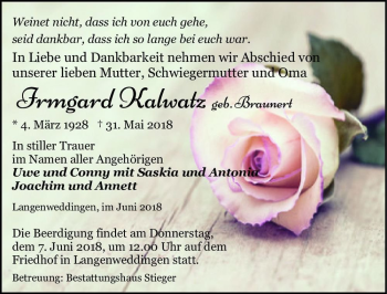 Traueranzeige von Irmgard Kalwatz (geb. Braunert)  von Magdeburger Volksstimme