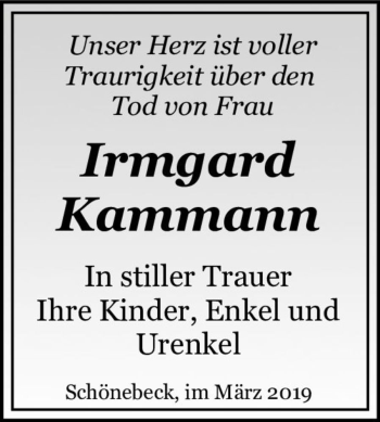 Traueranzeige von Irmgard Kammann  von Magdeburger Volksstimme